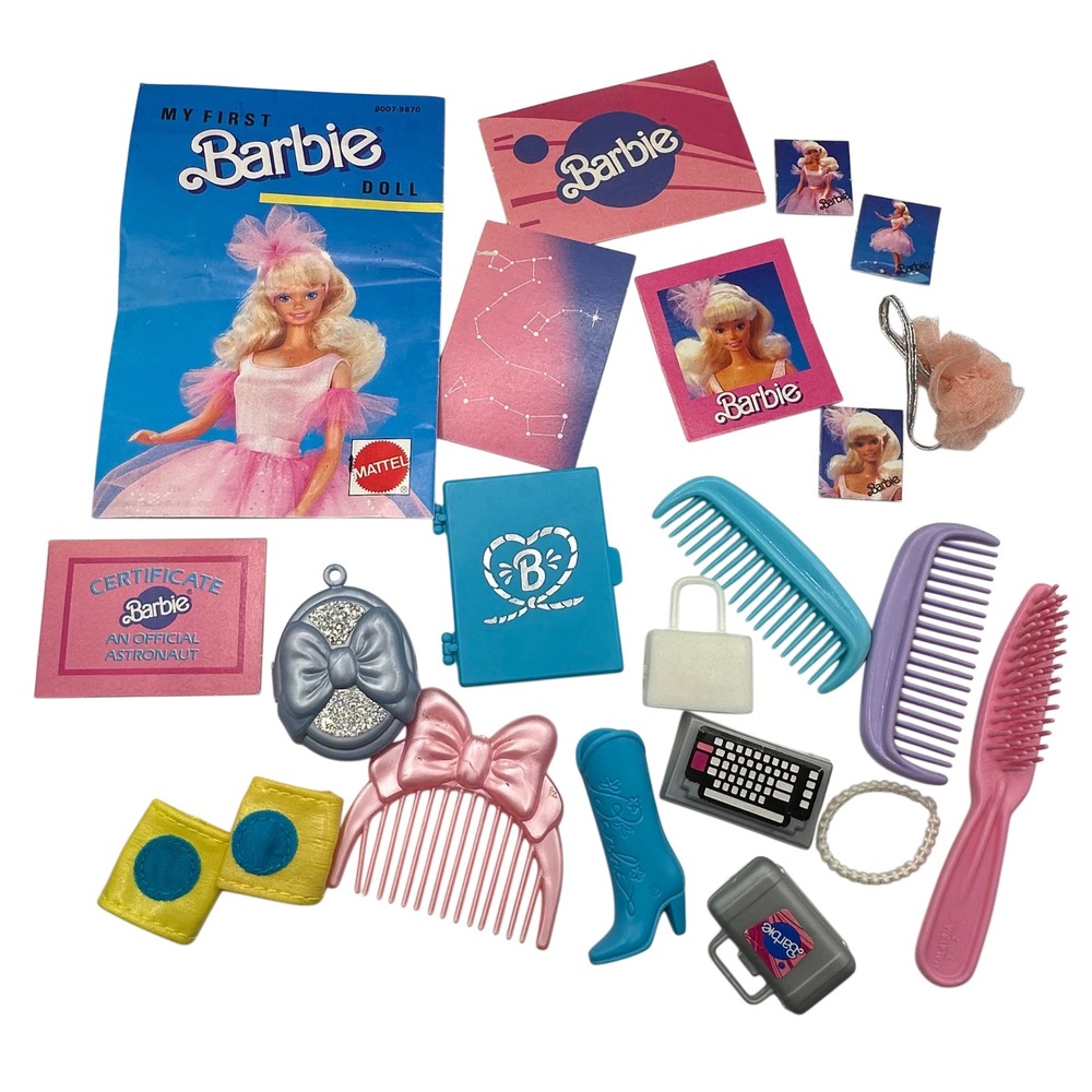 VTG Barbie Accessory Lot Western Stampin Astronaut Computer Briefcase Combs